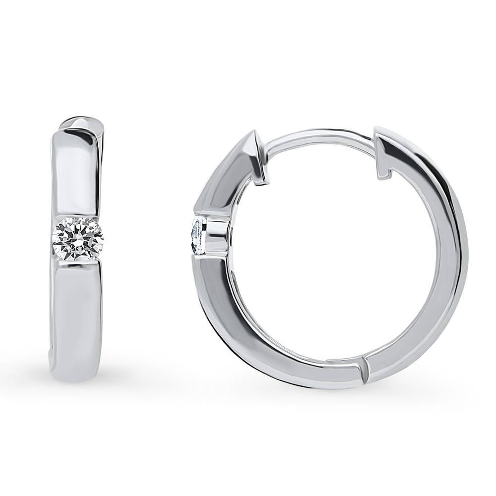 Solitaire Round CZ Medium Hoop Earrings in Sterling Silver 0.22ct 0.64"