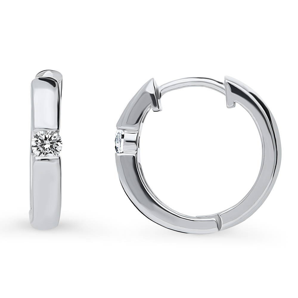 Front view of Solitaire Round CZ Medium Hoop Earrings in Sterling Silver 0.22ct 0.64 inch, 4 of 10