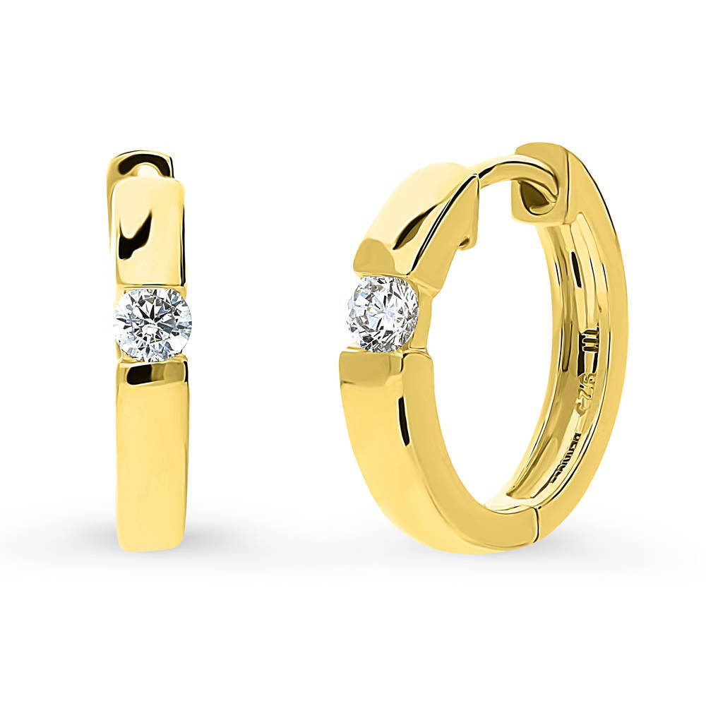 Solitaire CZ Small Hoop Earrings in Sterling Silver 0.6 inch, Gold Flashed