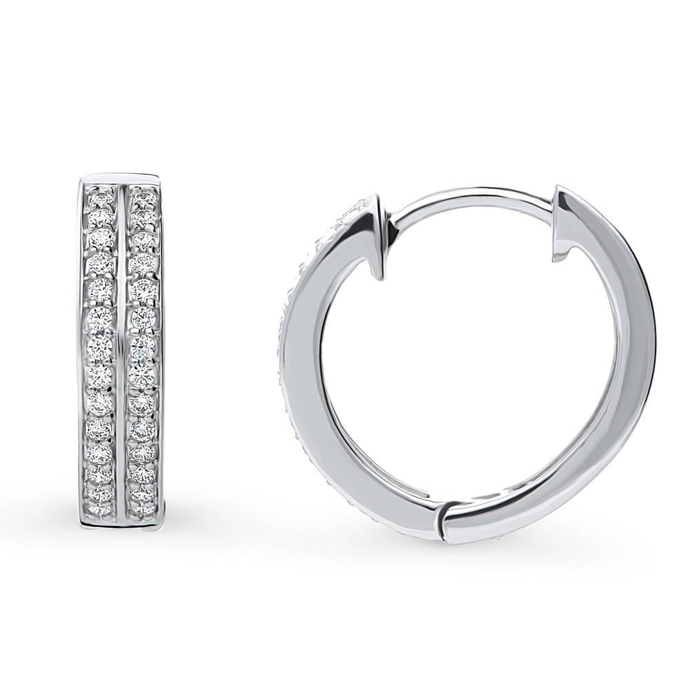 Double Row CZ Medium Hoop Earrings in Sterling Silver 0.6"