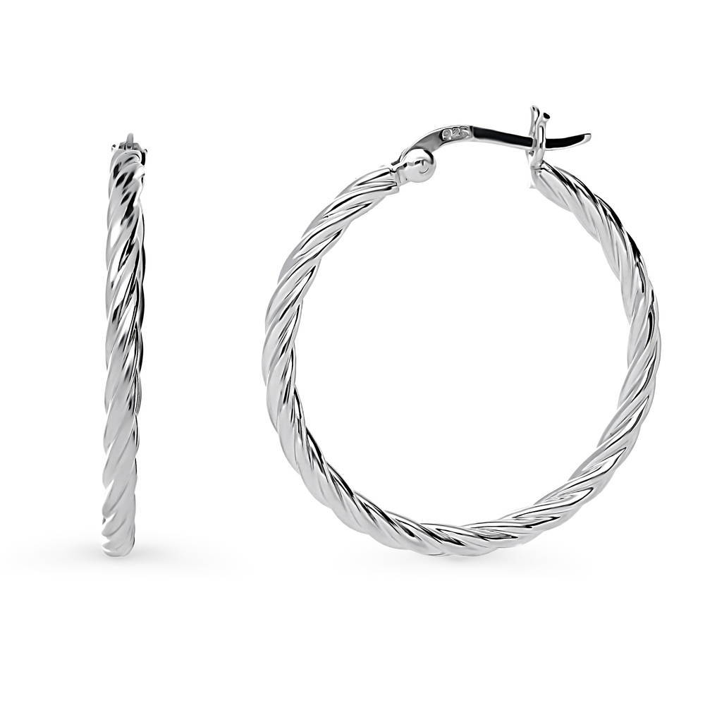Cable Medium Hoop Earrings in Sterling Silver 1.2 inch