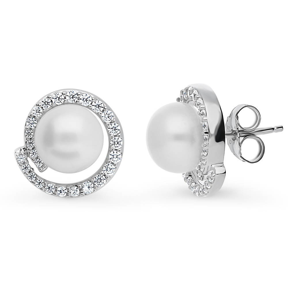 Solitaire White Button Cultured Pearl Stud Earrings in Sterling Silver