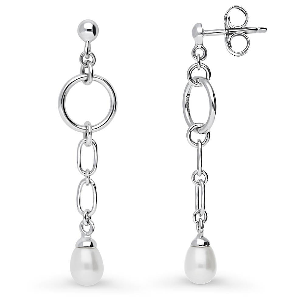 Open Circle White Drop Cultured Pearl Earrings in Sterling Silver