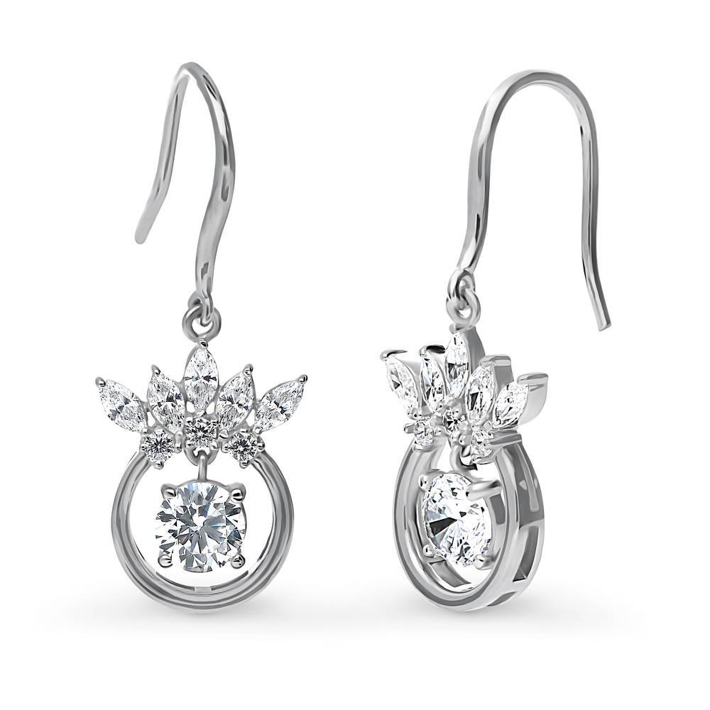 Crown Solitaire CZ Fish Hook Dangle Earrings in Sterling Silver