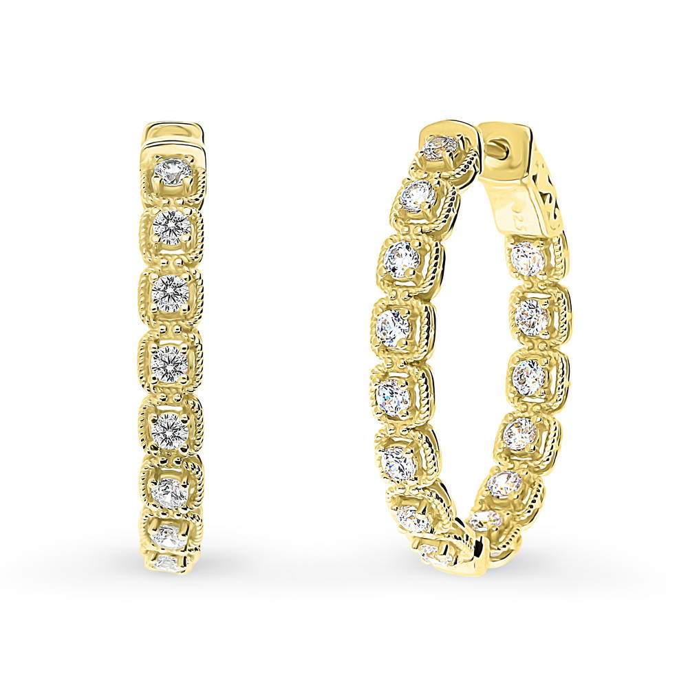 Oval CZ Medium Inside-Out Hoop Earrings in Sterling Silver 1.2"