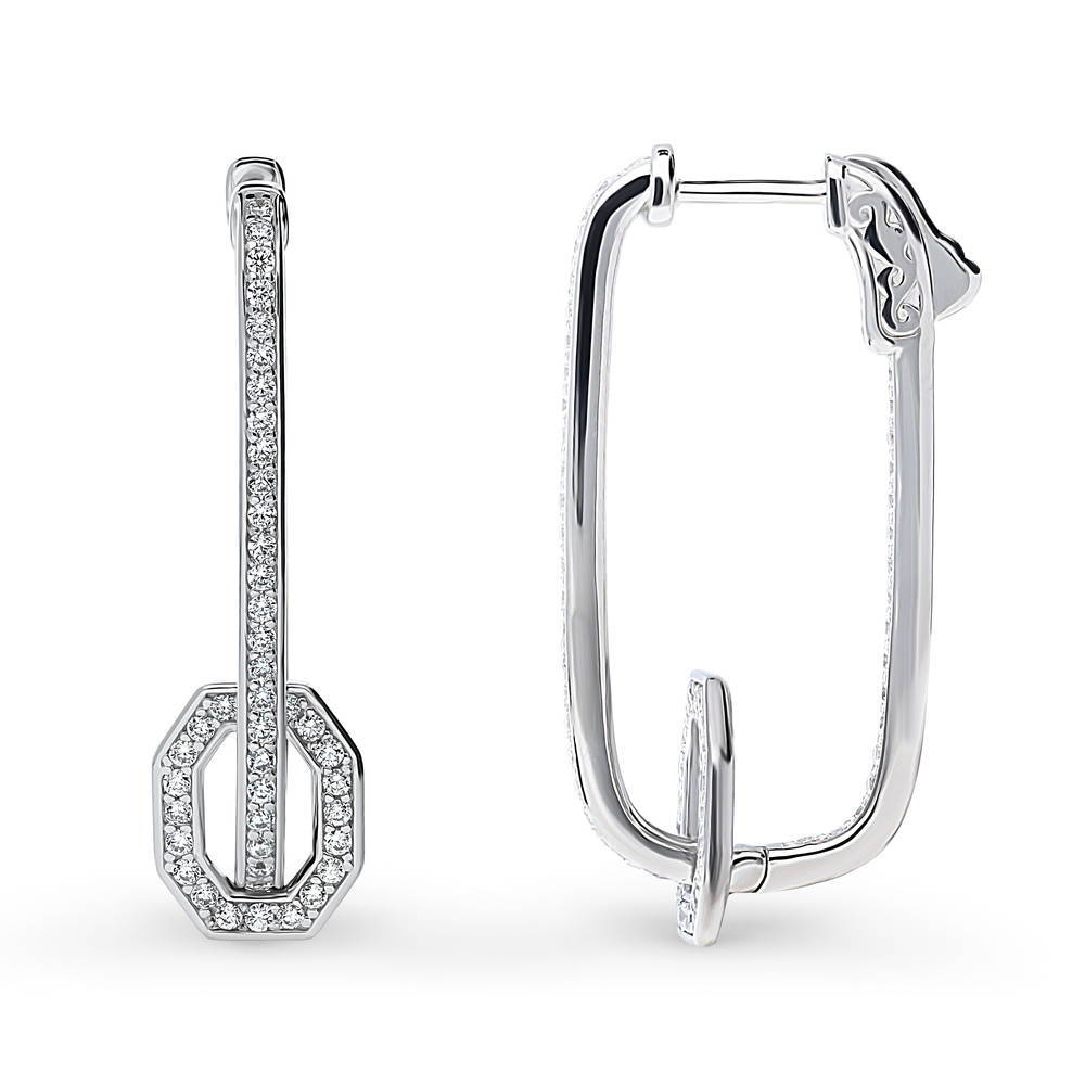Front view of Rectangle CZ Medium Inside-Out Hoop Earrings in Sterling Silver 1.3 inch, 4 of 5