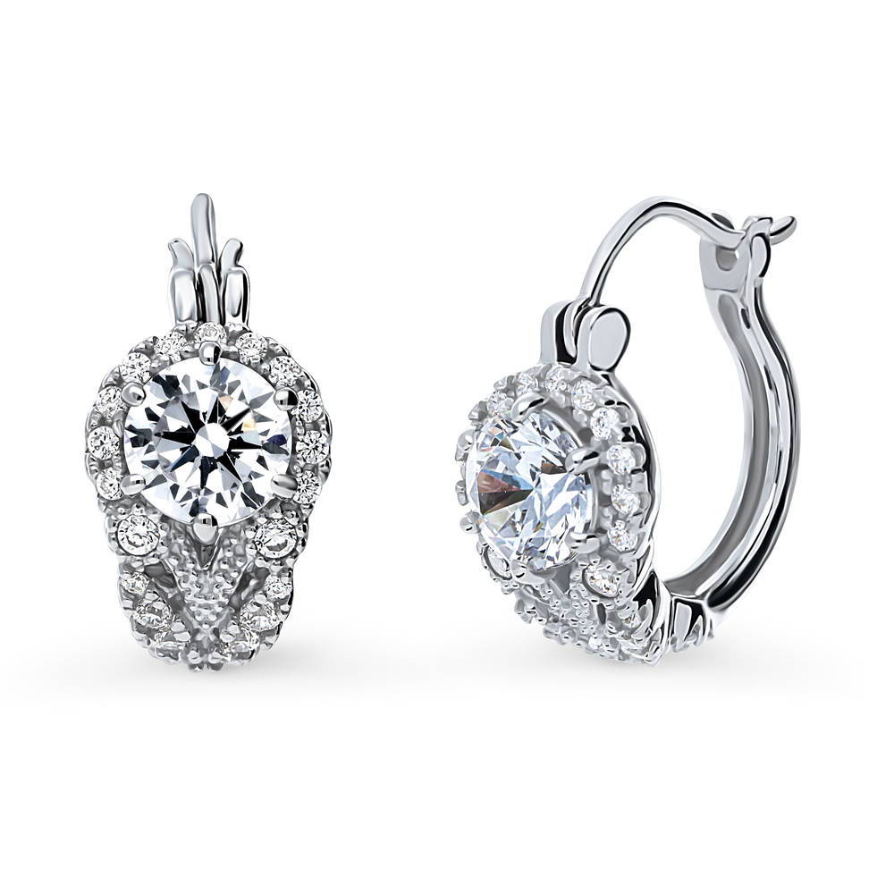 Halo Flower Round CZ Medium Hoop Earrings in Sterling Silver 0.7"