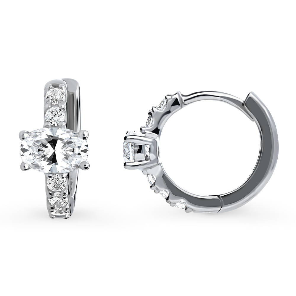 Solitaire Oval CZ Small Hoop Earrings in Sterling Silver 0.8ct 0.56"