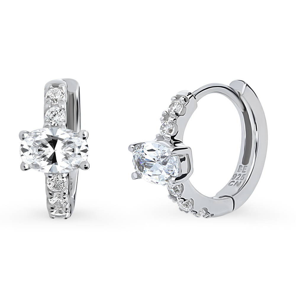 Solitaire Oval CZ Small Hoop Earrings in Sterling Silver 0.8ct 0.56"