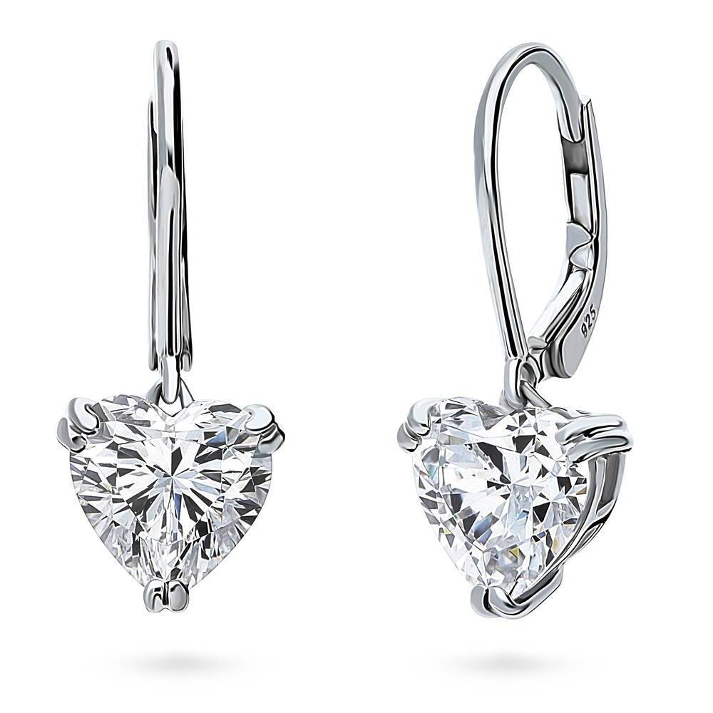 Solitaire 3.4ct Heart CZ Leverback Dangle Earrings in Sterling Silver, 1 of 7