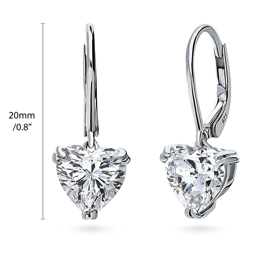 Front view of Solitaire 3.4ct Heart CZ Leverback Dangle Earrings in Sterling Silver, 4 of 7