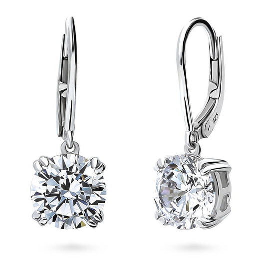 Solitaire 4ct Round CZ Leverback Dangle Earrings in Sterling Silver
