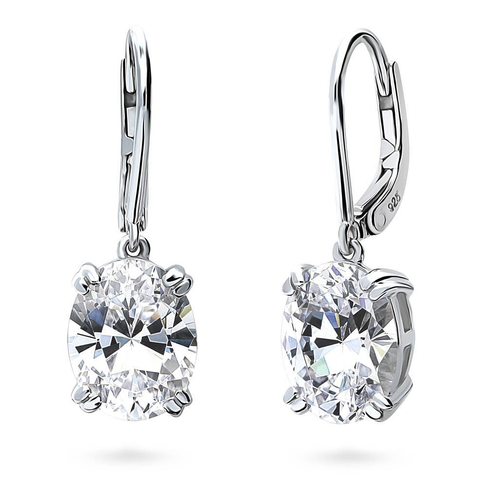 Solitaire 5.6ct Oval CZ Leverback Dangle Earrings in Sterling Silver, 1 of 6