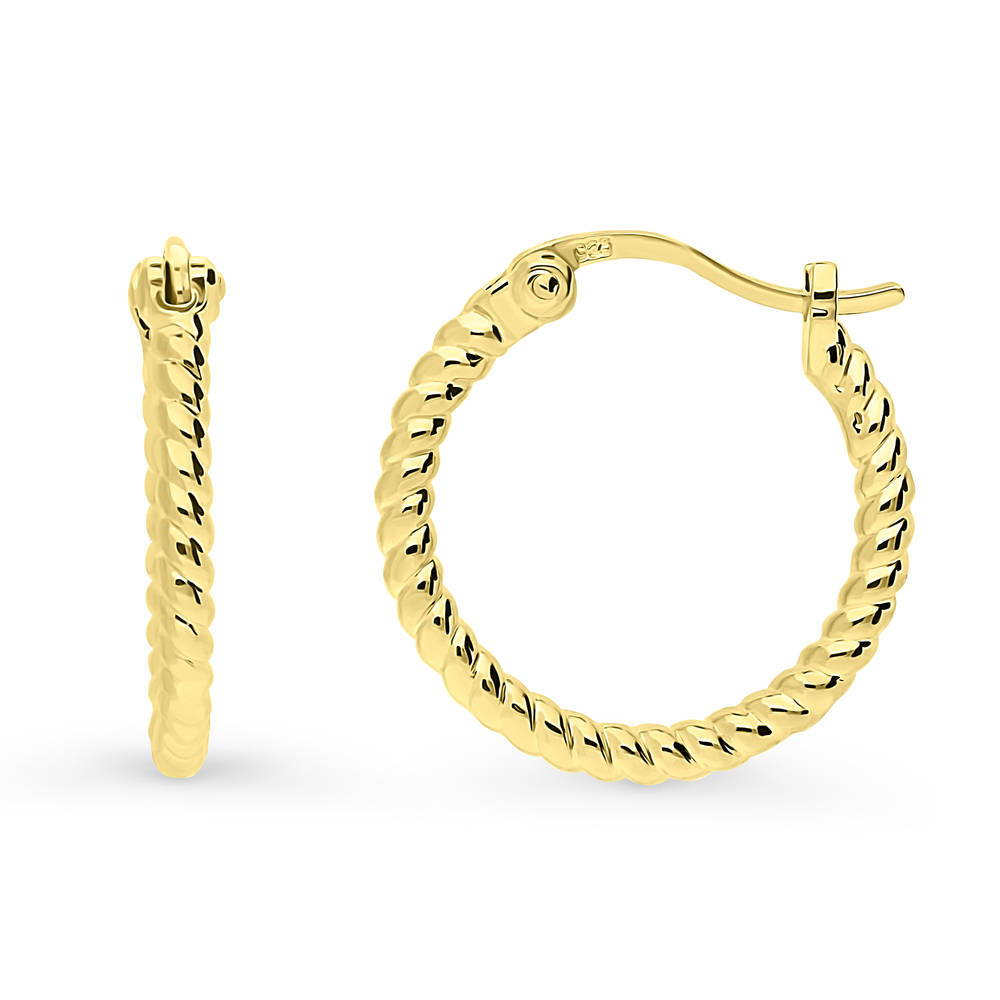 Front view of Cable Hoop Earrings in Gold Flashed Sterling Silver, 2 Pairs
