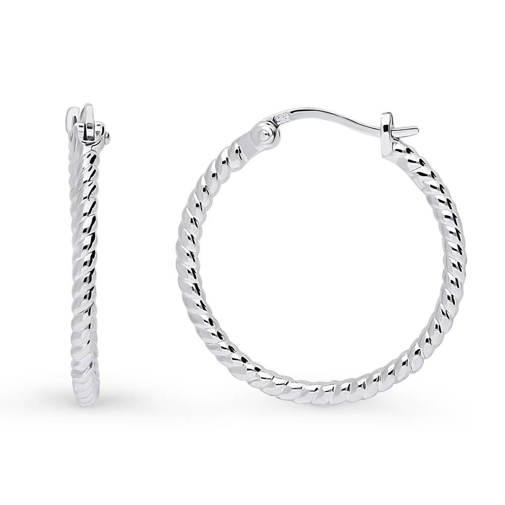 Front view of Cable Hoop Earrings in Sterling Silver, 2 Pairs