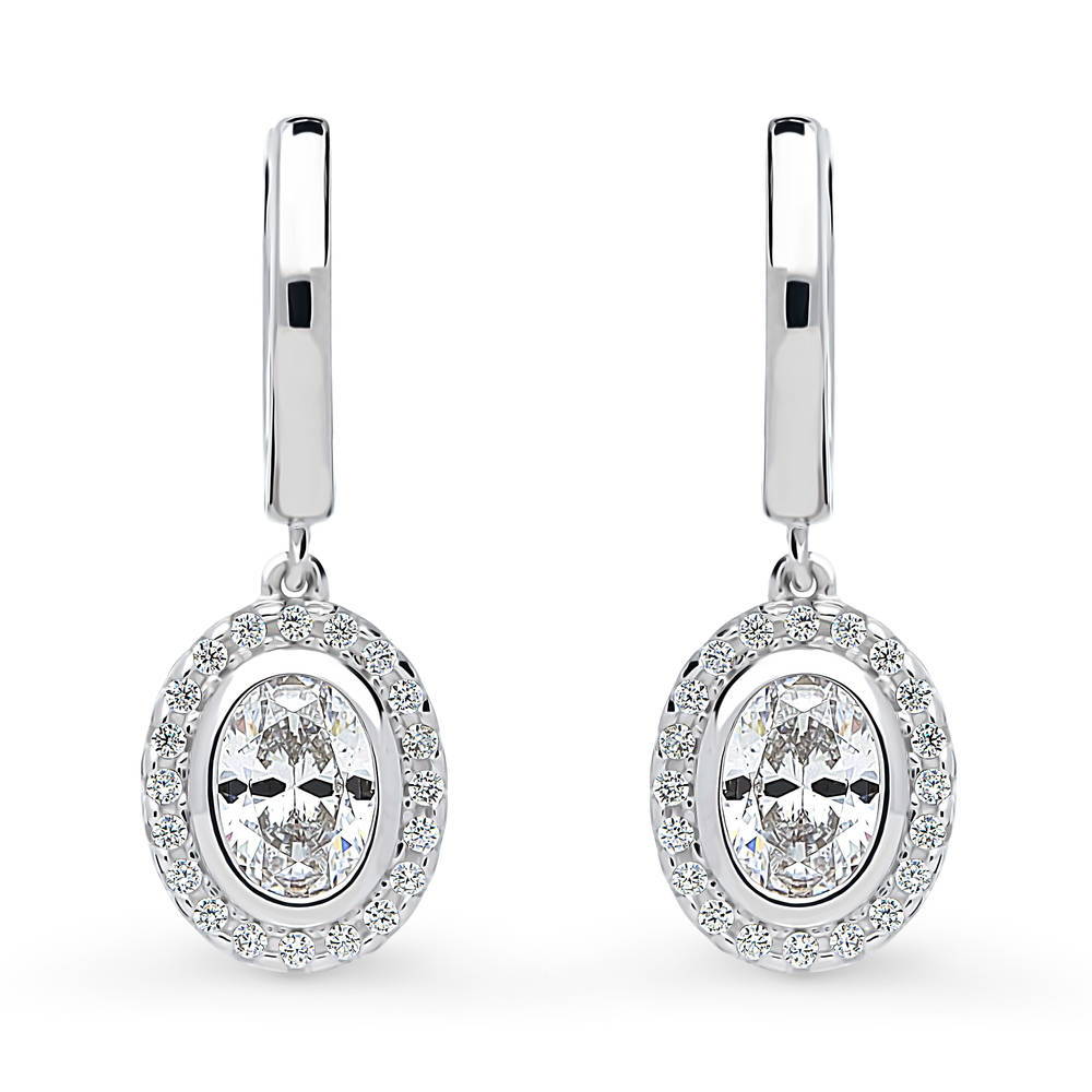 Halo Oval CZ Dangle Earrings in Sterling Silver