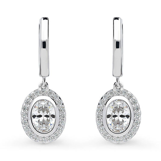 Halo Oval CZ Dangle Earrings in Sterling Silver