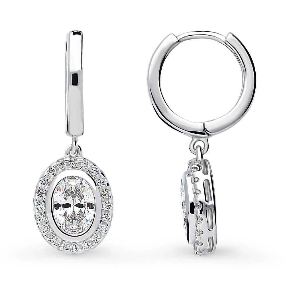 Halo Oval CZ Dangle Earrings in Sterling Silver