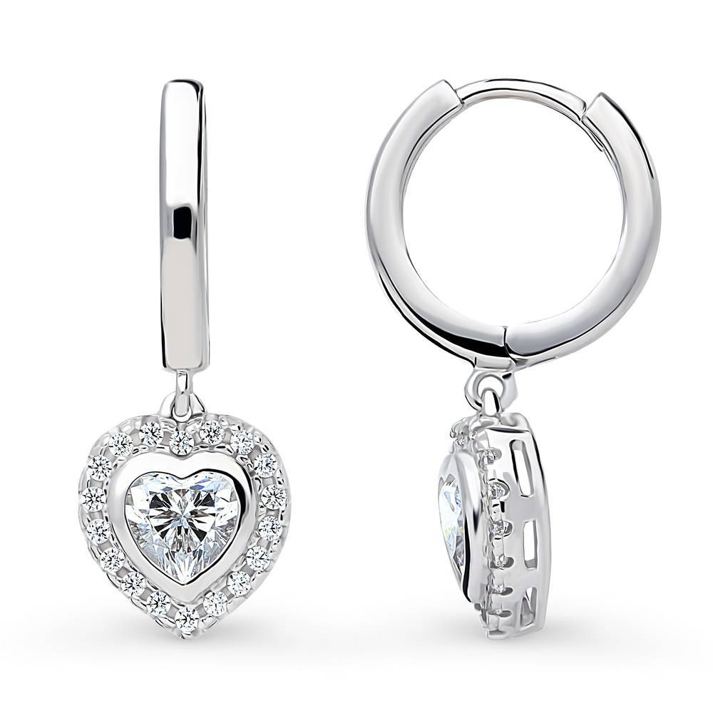 Halo Heart CZ Dangle Earrings in Sterling Silver