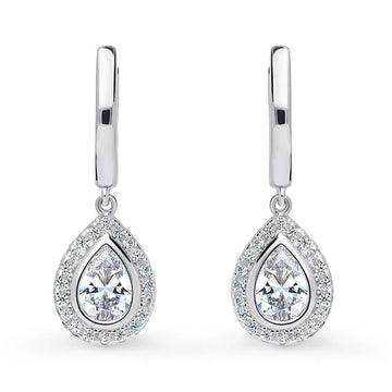 Halo Pear CZ Dangle Earrings in Sterling Silver
