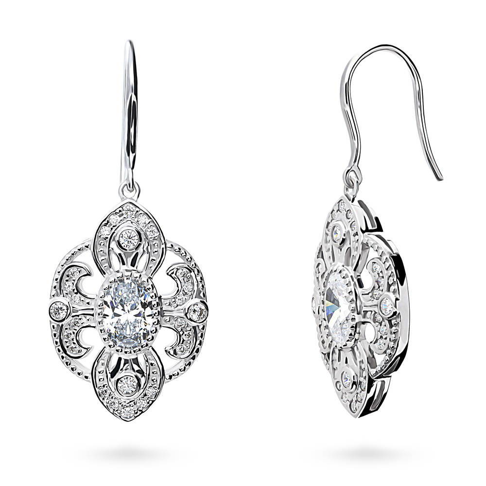 Milgrain CZ Fish Hook Dangle Earrings in Sterling Silver