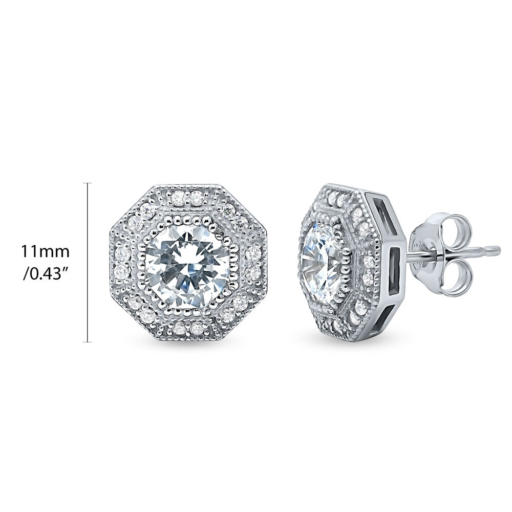 Halo Milgrain Octagon Sun CZ Stud Earrings in Sterling Silver