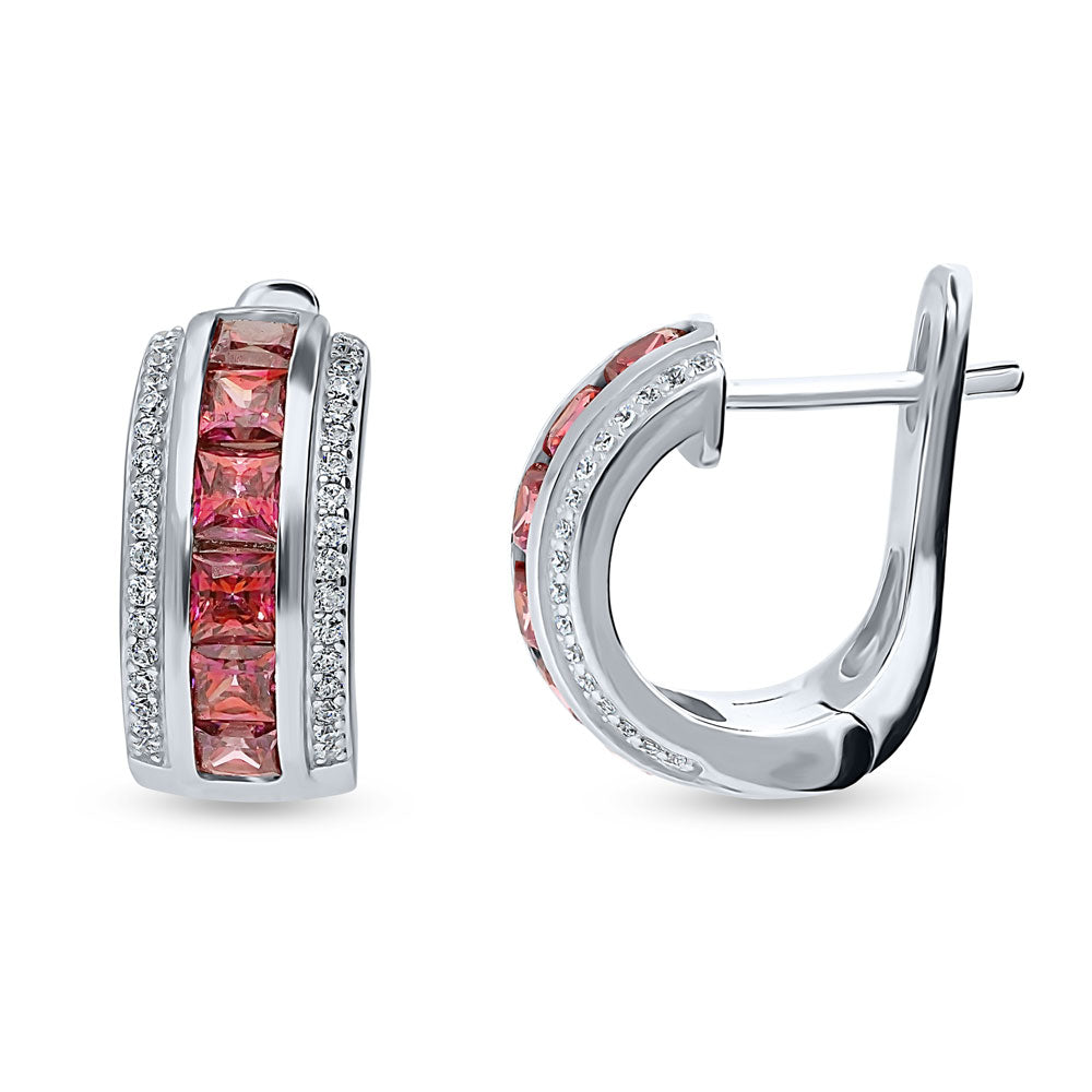 Dome Red CZ Medium Huggie Earrings in Sterling Silver 0.66 inch, 1 of 4