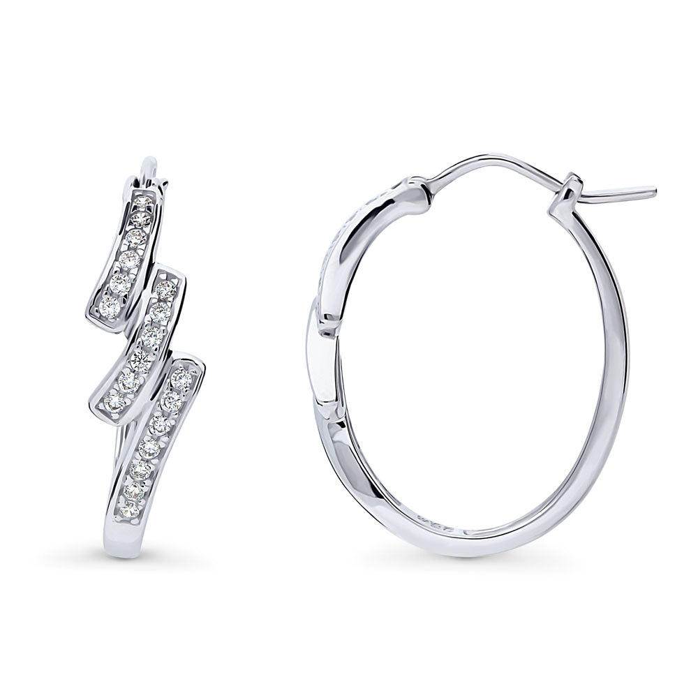 Oval Bypass CZ Medium Hoop Earrings in Sterling Silver 0.96 inch