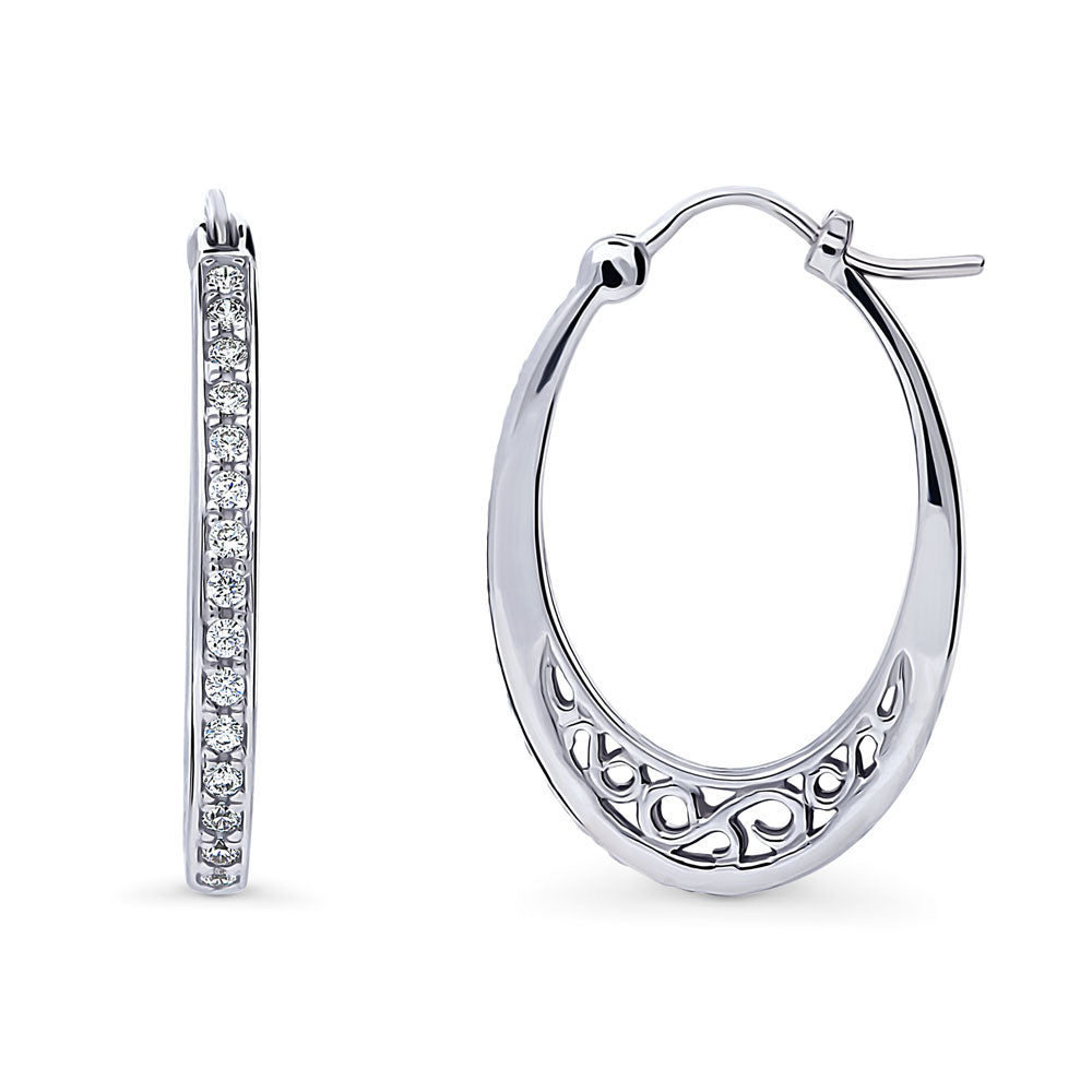 Oval Bar CZ Medium Hoop Earrings in Sterling Silver 1 inch