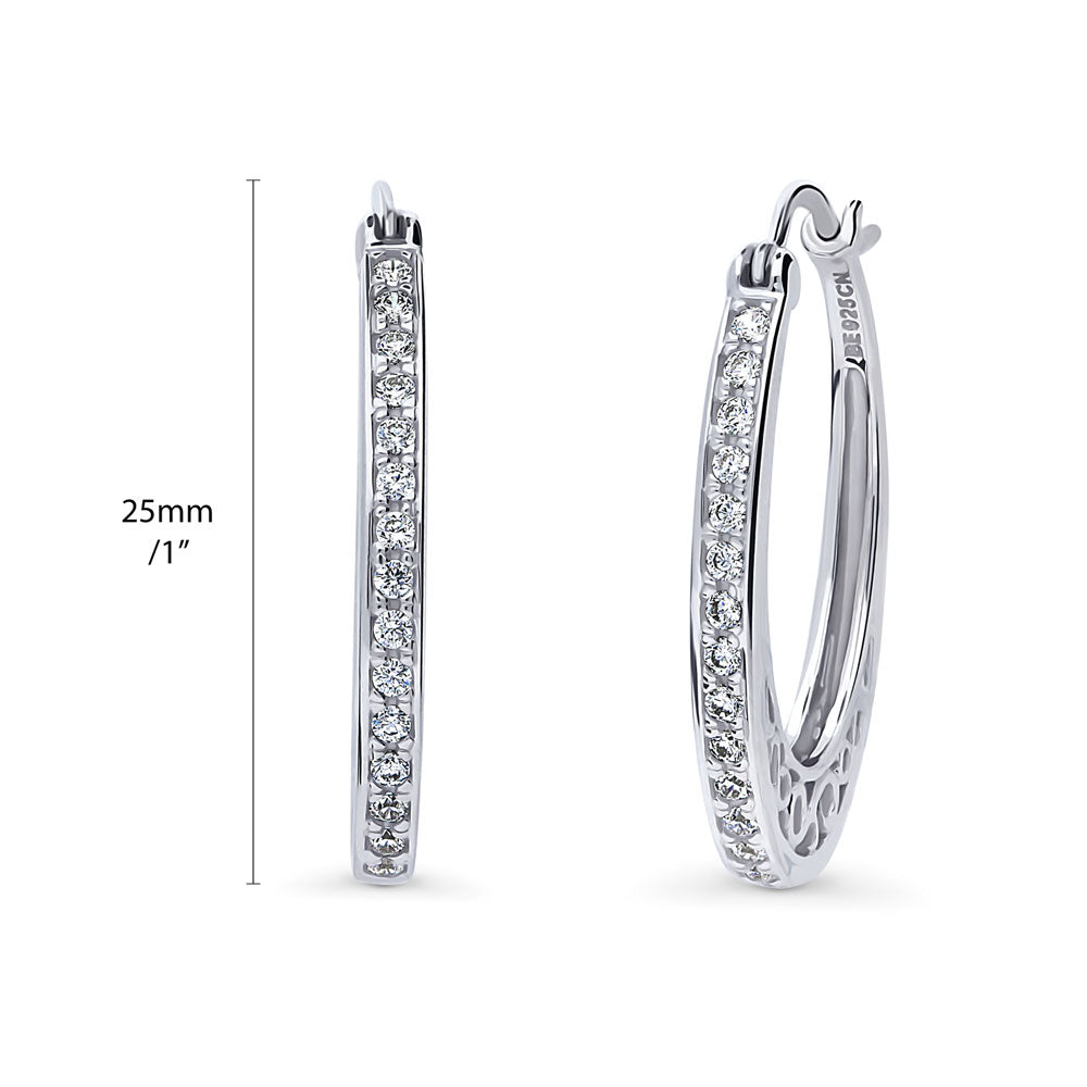 Front view of Oval Bar CZ Medium Hoop Earrings in Sterling Silver 1 inch