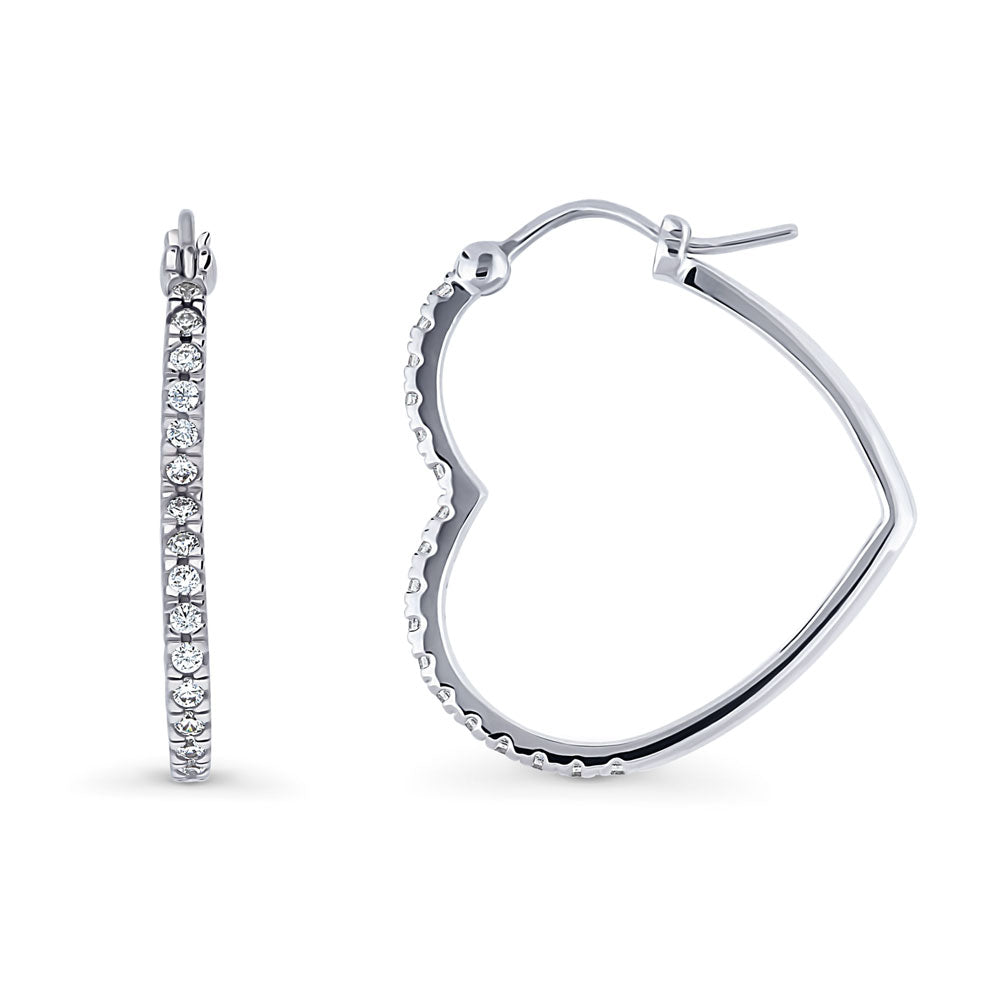 Heart CZ Medium Hoop Earrings in Sterling Silver 1 inch