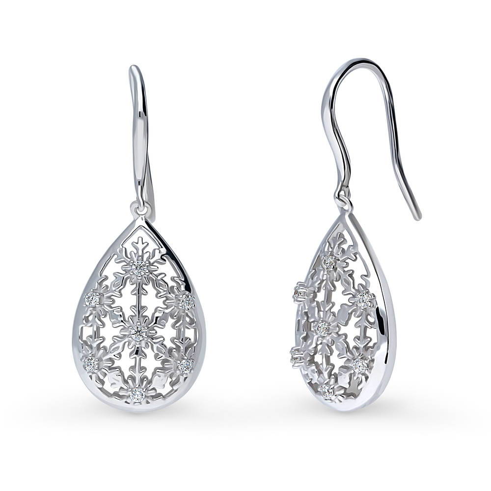 Snowflake CZ Fish Hook Dangle Earrings in Sterling Silver