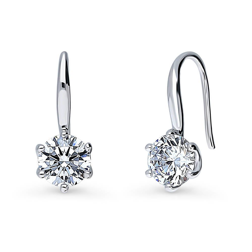 Solitaire 2.5ct Round CZ Fish Hook Dangle Earrings in Sterling Silver