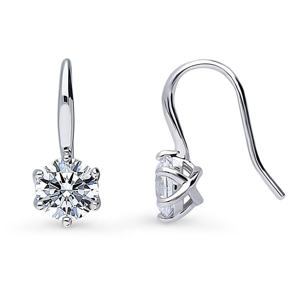 Front view of Solitaire 2.5ct Round CZ Fish Hook Dangle Earrings in Sterling Silver