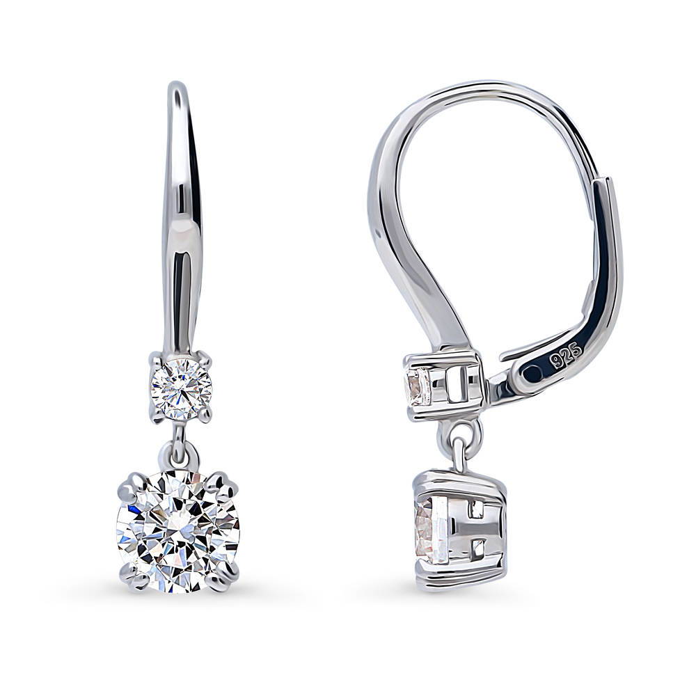 Front view of Solitaire 1.6ct Round CZ Leverback Dangle Earrings in Sterling Silver
