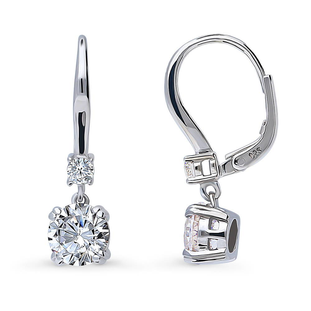 Front view of Solitaire 2.5ct Round CZ Leverback Dangle Earrings in Sterling Silver