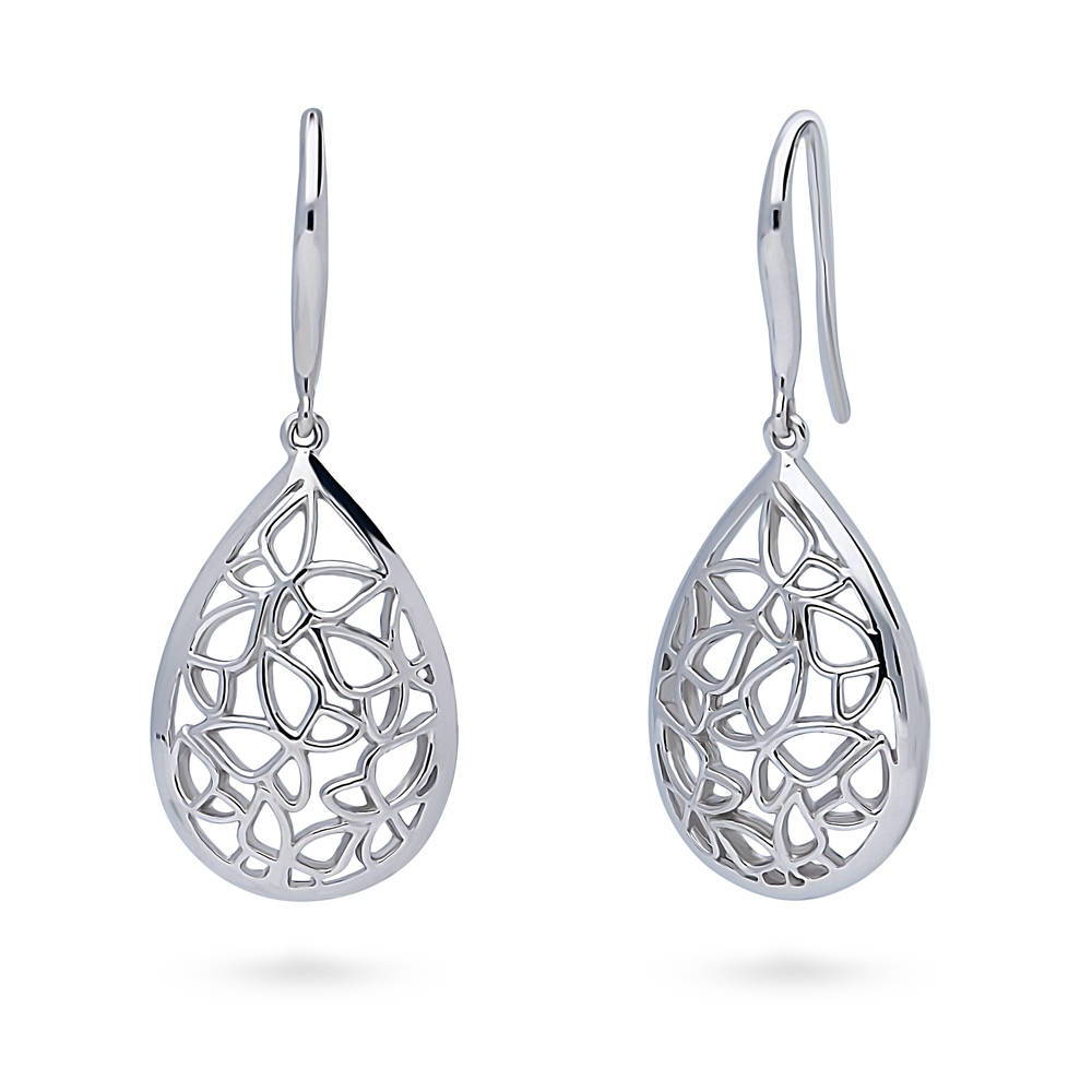 Butterfly Teardrop Fish Hook Dangle Earrings in Sterling Silver