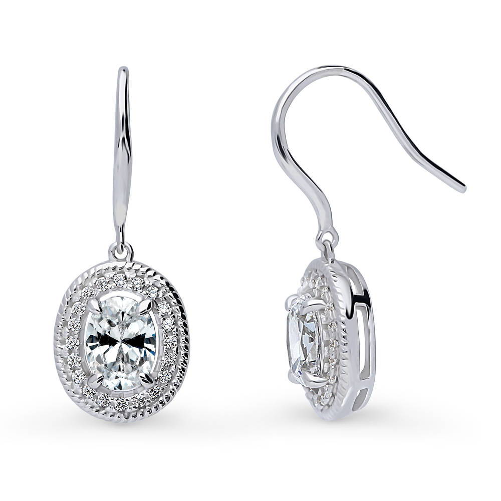 Halo Woven Oval CZ Fish Hook Dangle Earrings in Sterling Silver