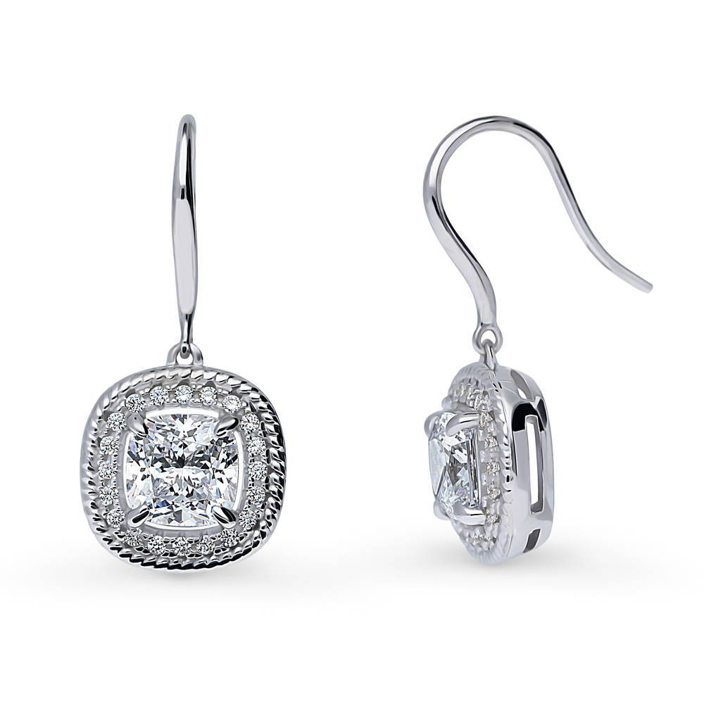 Front view of Halo Woven Cushion CZ Fish Hook Dangle Earrings in Sterling Silver