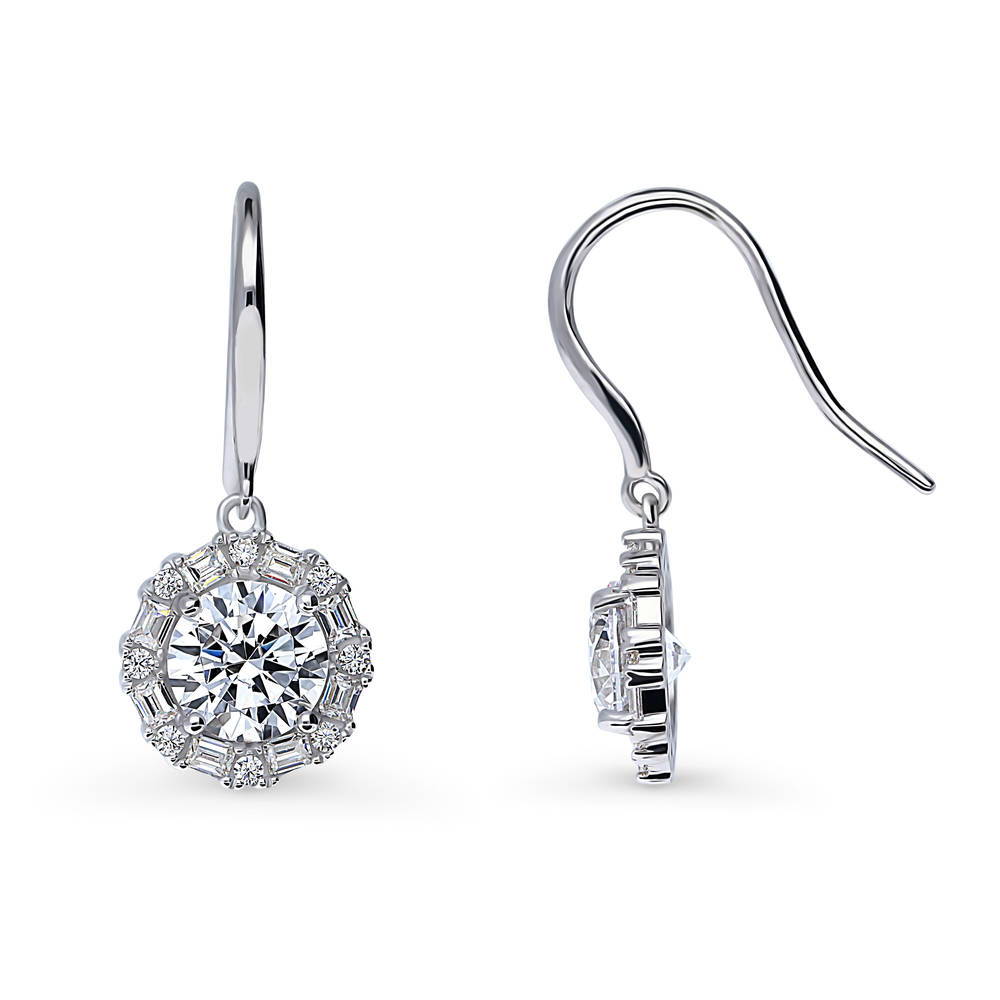 Halo Art Deco Round CZ Fish Hook Dangle Earrings in Sterling Silver