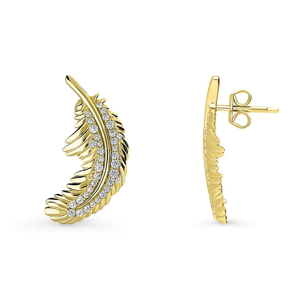 Front view of Feather CZ Stud Earrings in Sterling Silver