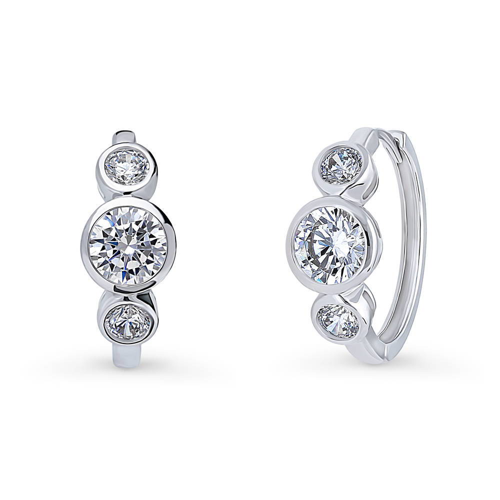 3-Stone Round CZ Medium Hoop Earrings in Sterling Silver 0.72"