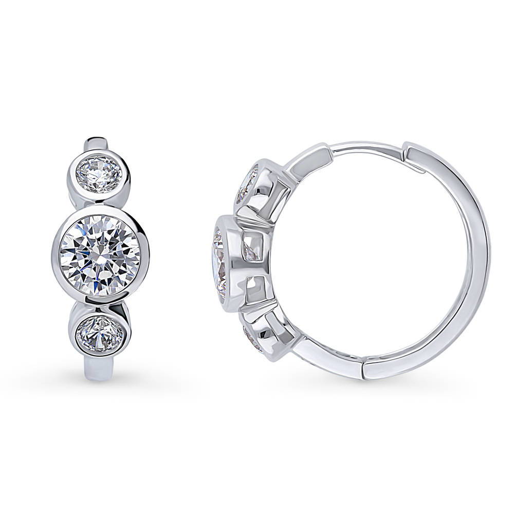 3-Stone Round CZ Medium Hoop Earrings in Sterling Silver 0.72"