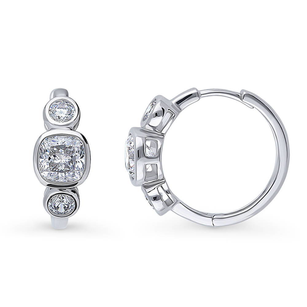 Front view of 3-Stone Cushion CZ Medium Hoop Earrings in Sterling Silver 0.72 inch, 4 of 7