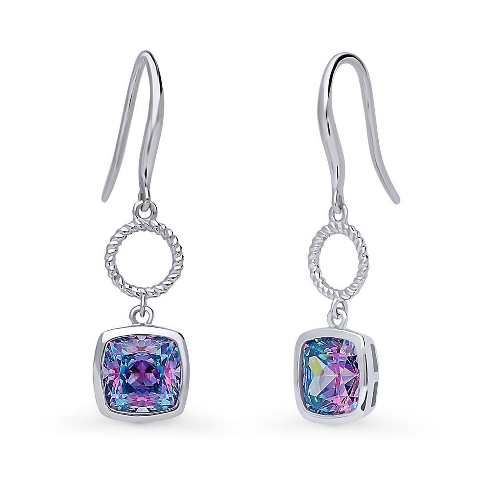 Woven Open Circle Purple Aqua CZ Fish Hook Earrings in Sterling Silver