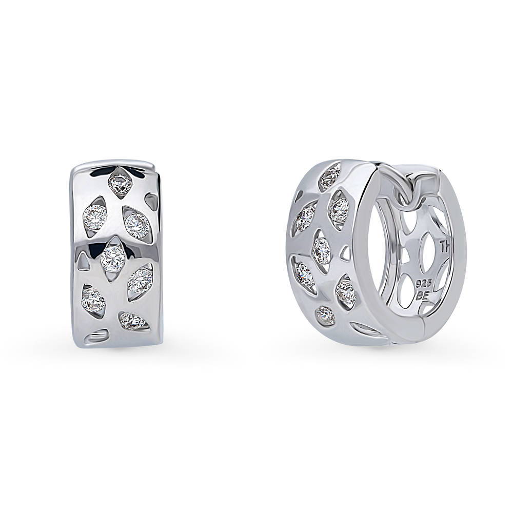 Leaf CZ Small Huggie Earrings in Sterling Silver 0.56"