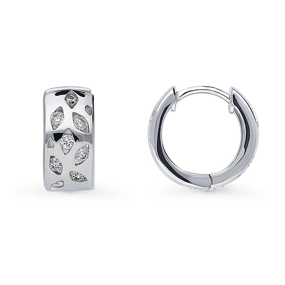 Leaf CZ Small Huggie Earrings in Sterling Silver 0.56"