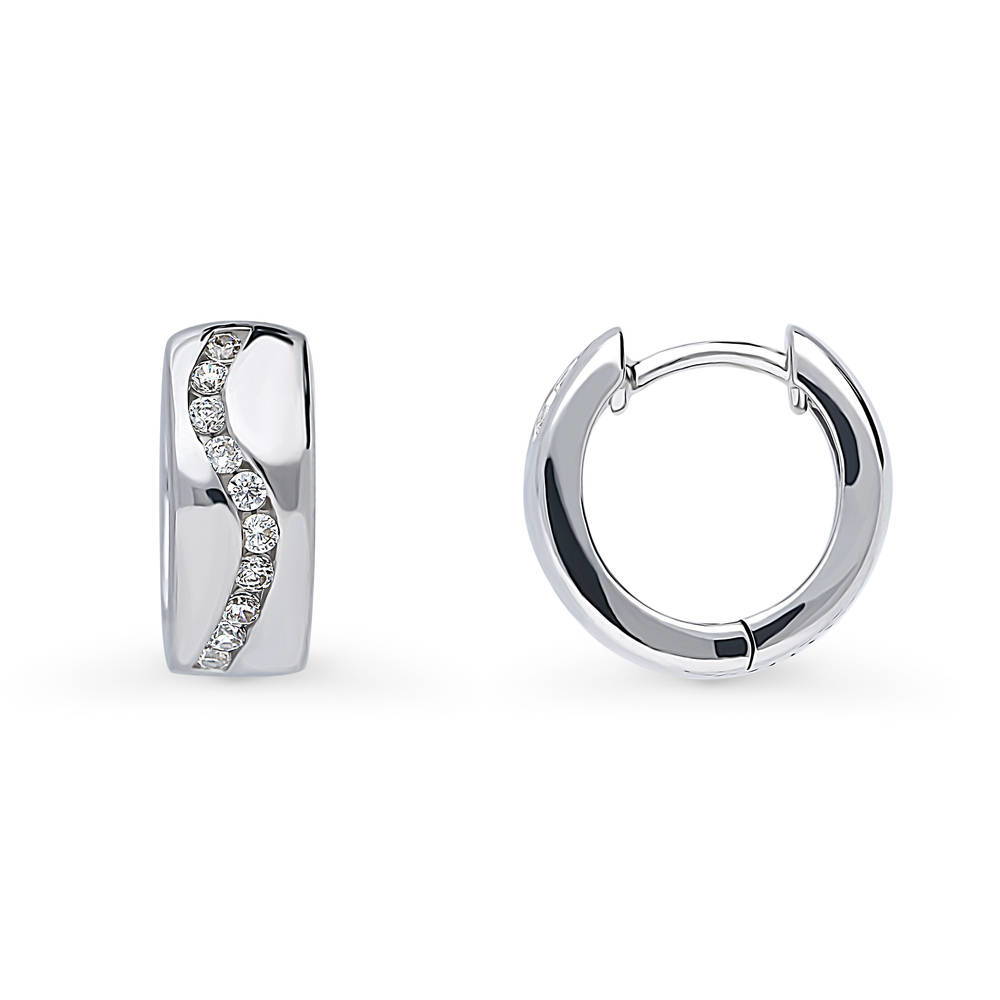 Front view of Wave CZ Small Huggie Earrings in Sterling Silver 0.56 inch, 4 of 7