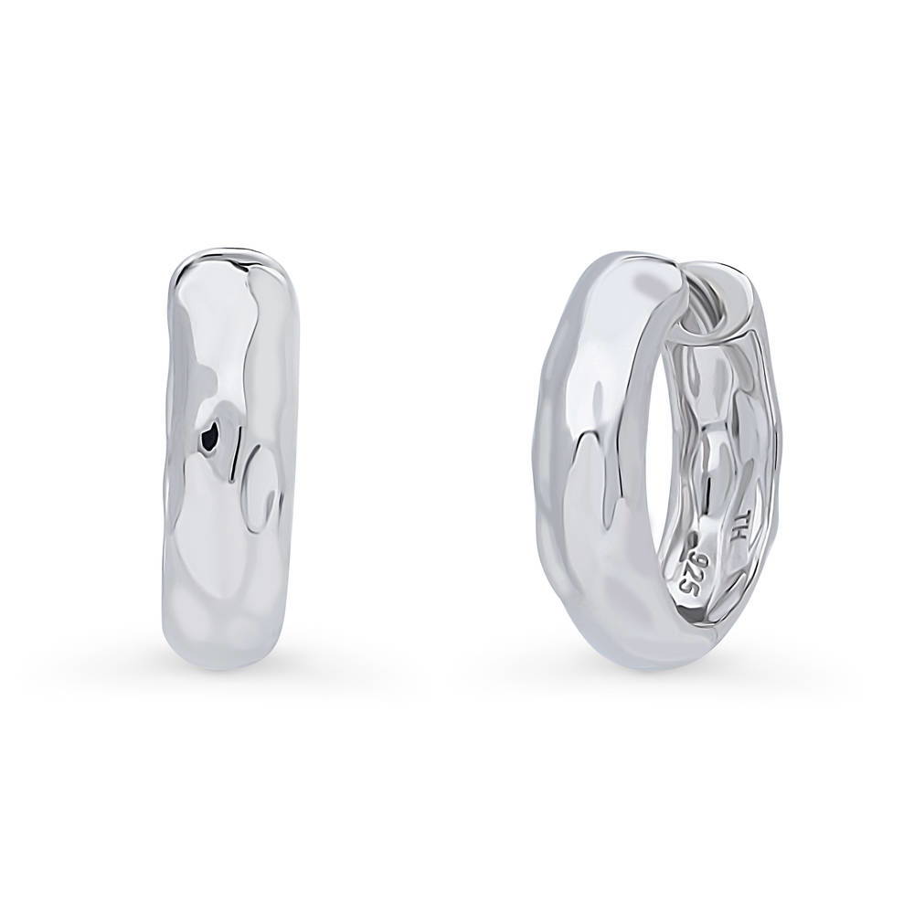 Dome Hammered Medium Hoop Earrings in Sterling Silver 0.67 inch