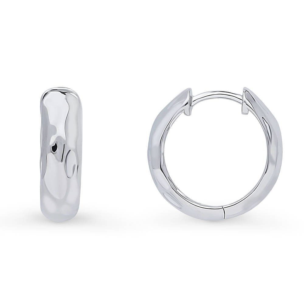 Front view of Dome Hammered Medium Hoop Earrings in Sterling Silver 0.67 inch, 4 of 7